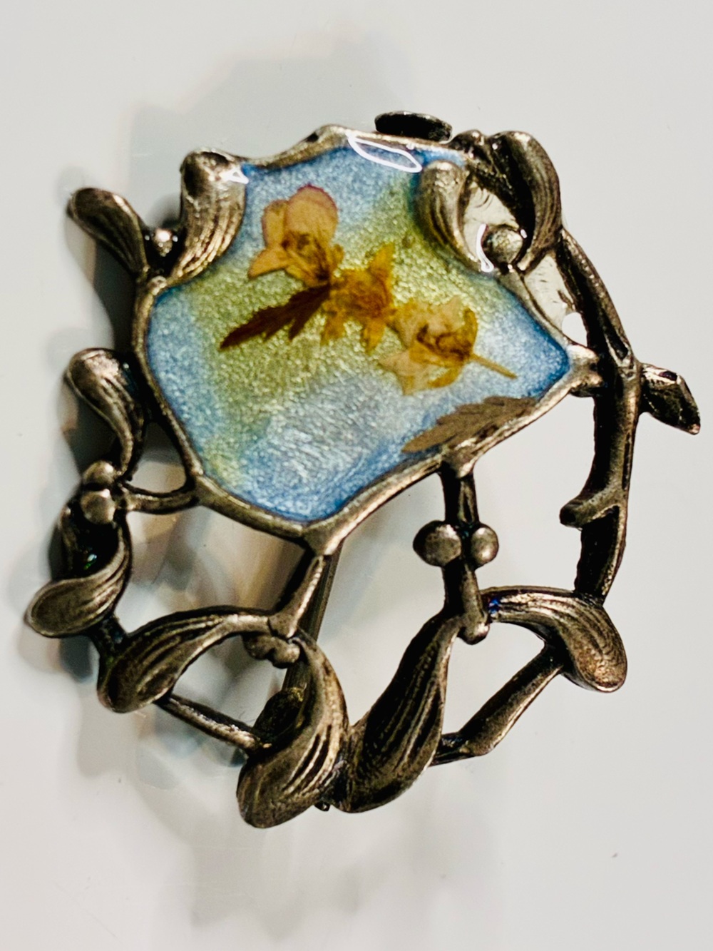 Antique Art Nouveau Floral  Brooch in Blue and Gold Tone made w/Butterfly Wings